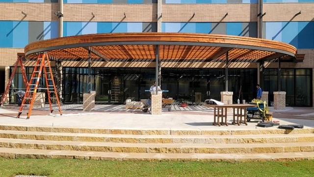 Courtyard pergola and terraced seating under construction