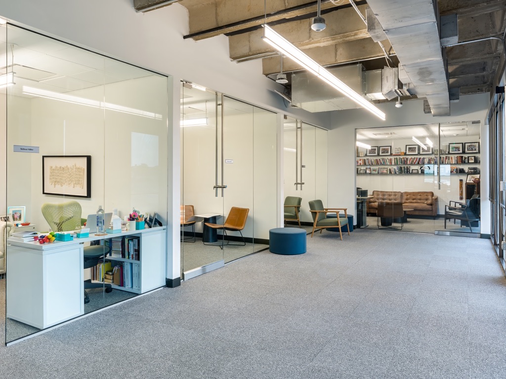 Glass-fronted offices and corridor